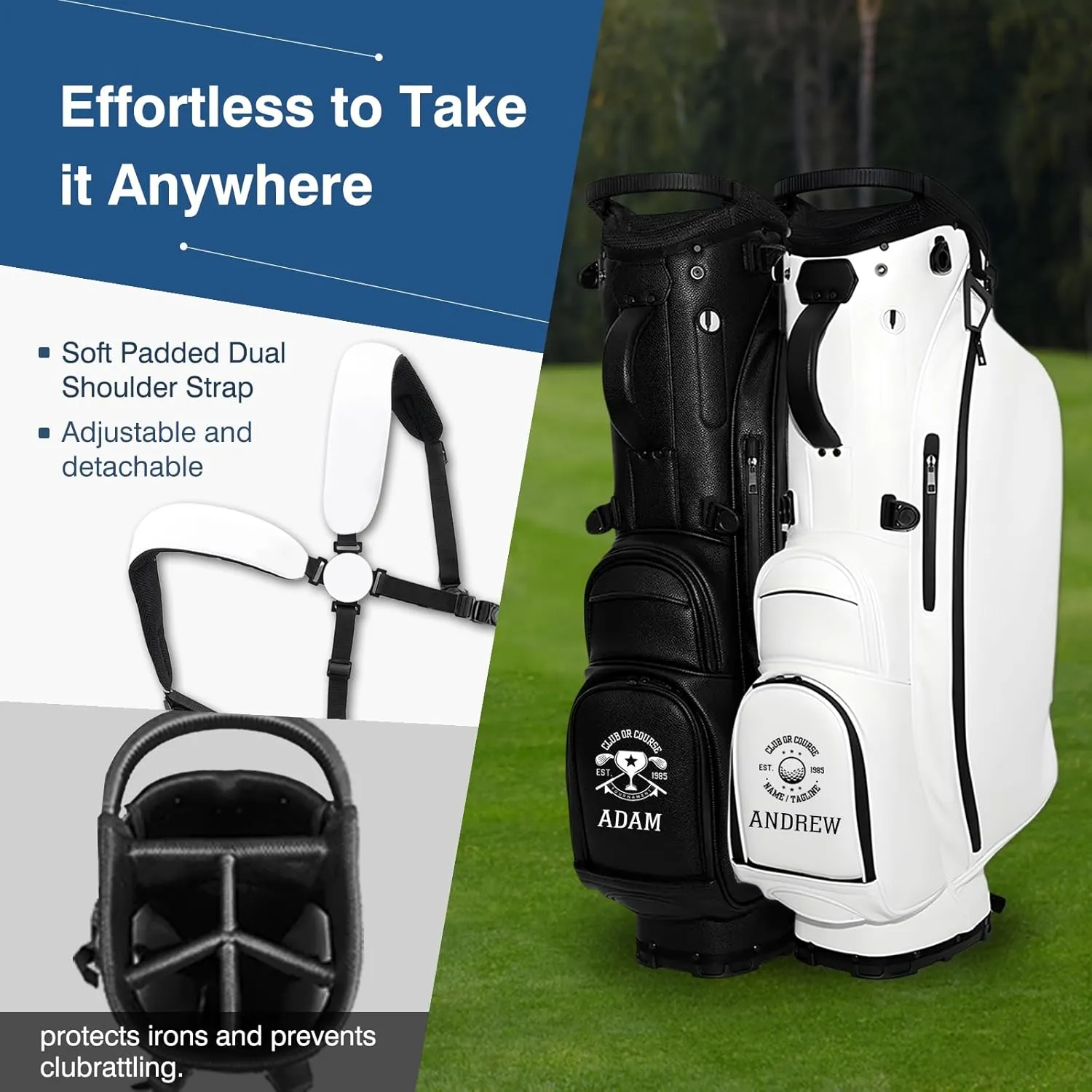 Custom Golf Bag PU Leather Personalized Stand Golf Bag Lightweight Waterproof Design, Multiple Pockets & Strap, Club Travel Gift for Men/Women