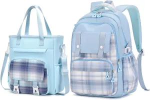 Cute Backpack with Messenger Bag, Backpack with Shoulder Crossbody Sling Lunch Bag (Blue,Backpack Lunch Bag Set)