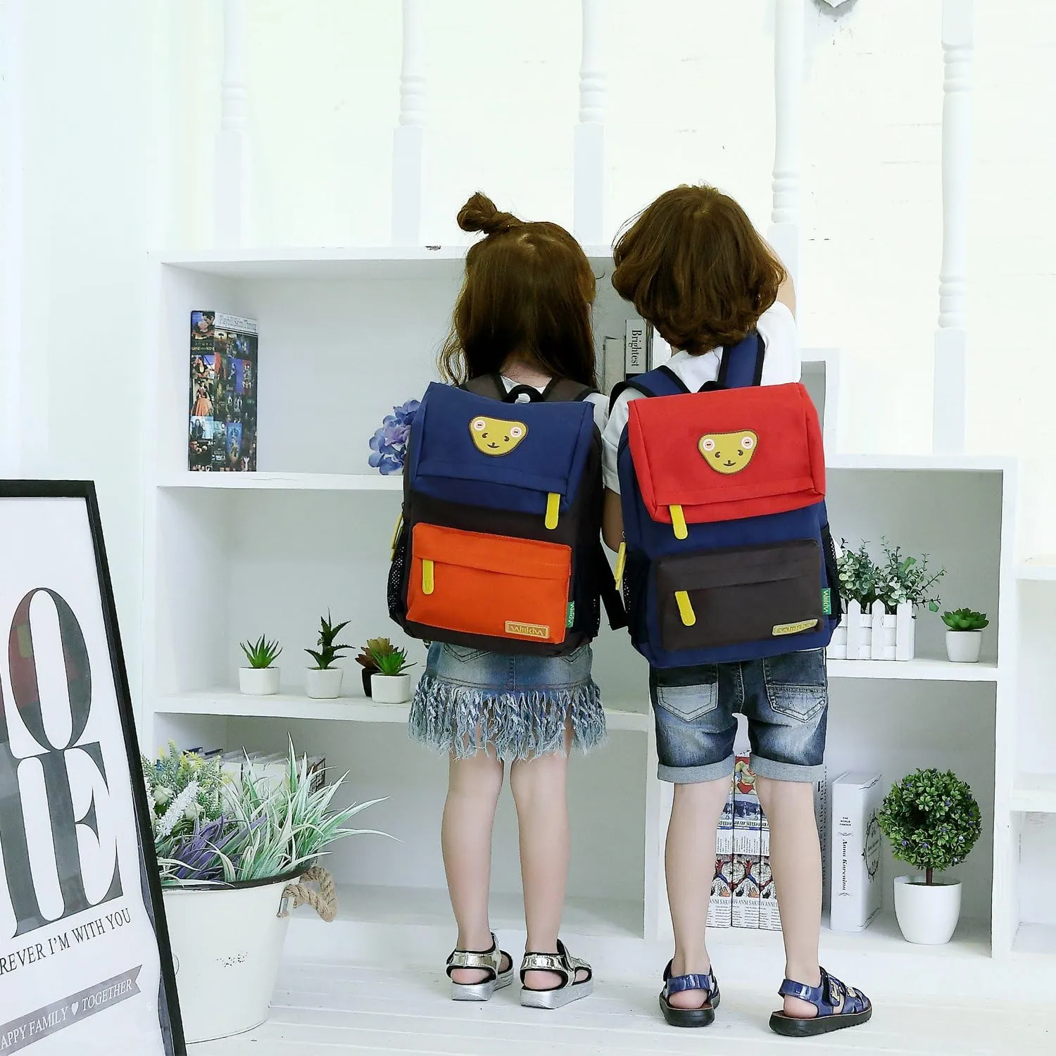 Cute Bear Kids School Backpack for Children Elementary School Bags Girls Boys Bookbags (Red/Coffee/Royalblue, Medium)