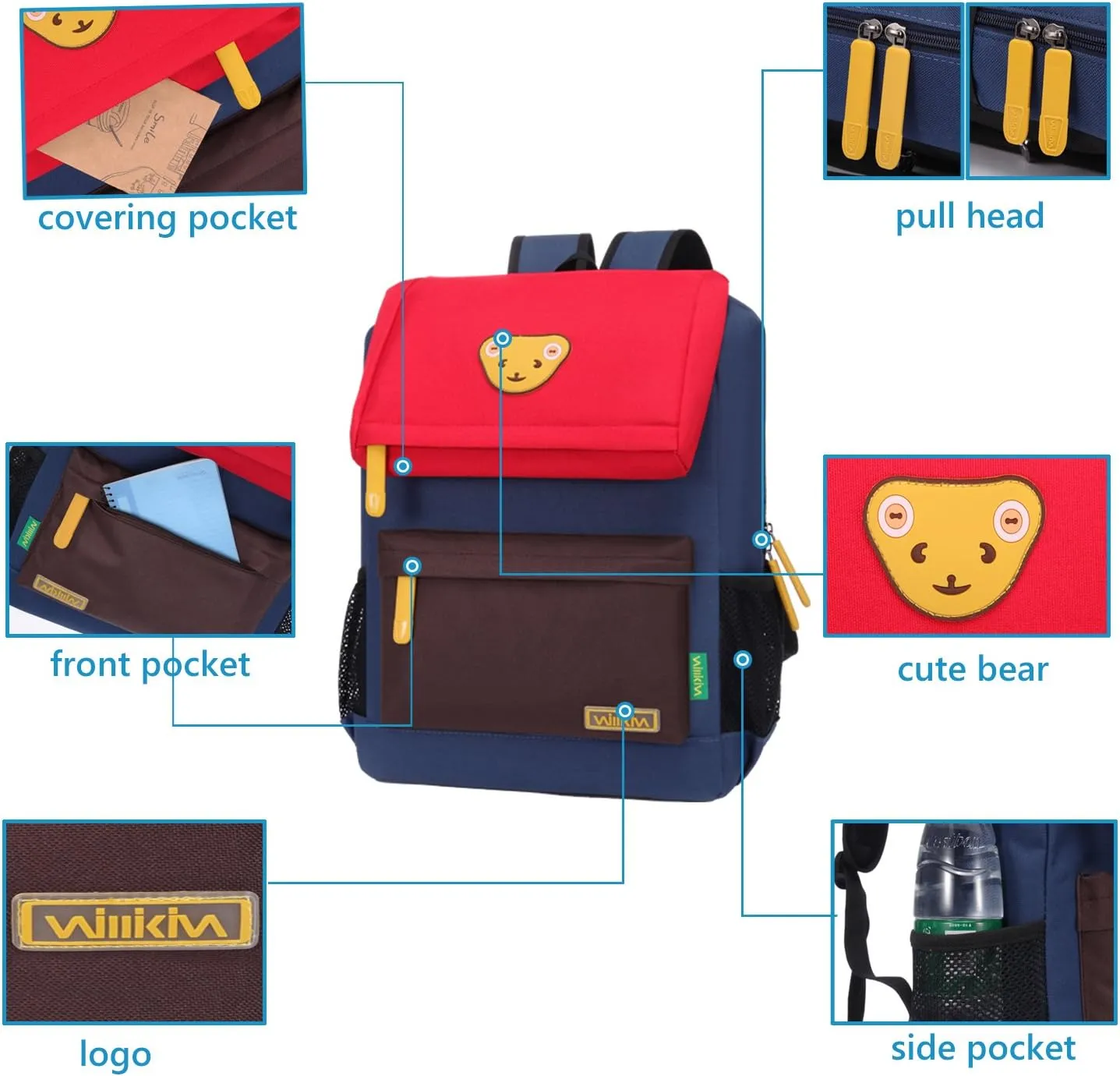 Cute Bear Kids School Backpack for Children Elementary School Bags Girls Boys Bookbags (Red/Coffee/Royalblue, Medium)