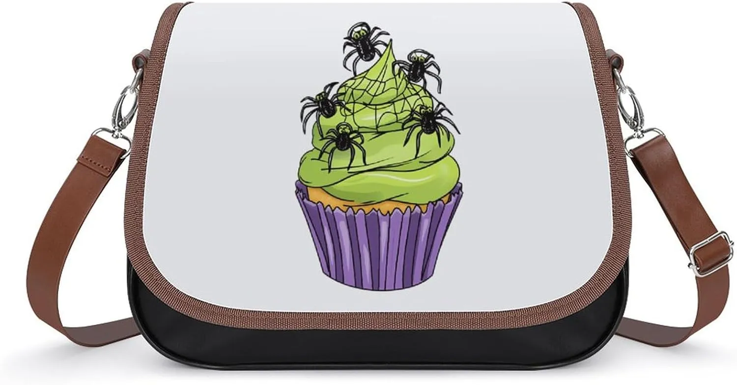 Cute Cupcake with Green Spiderweb And Spider Crossbody Bags for Women Shoulder Bag Flap Handbags Leather Cross Body Purse