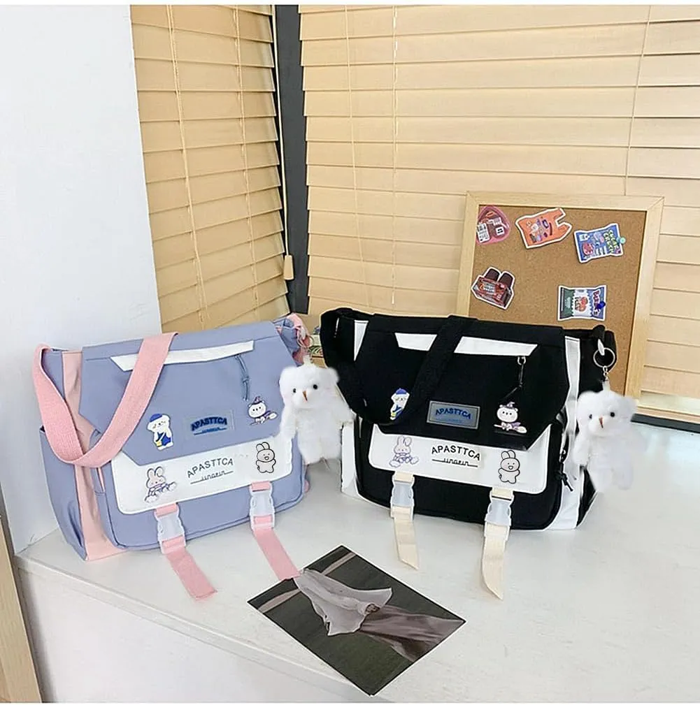 Cute Messenger Bag for Teen Girls Women, Kawaii Crossbody Shoulder Purse with Pins and Stuffed Pendant Gift