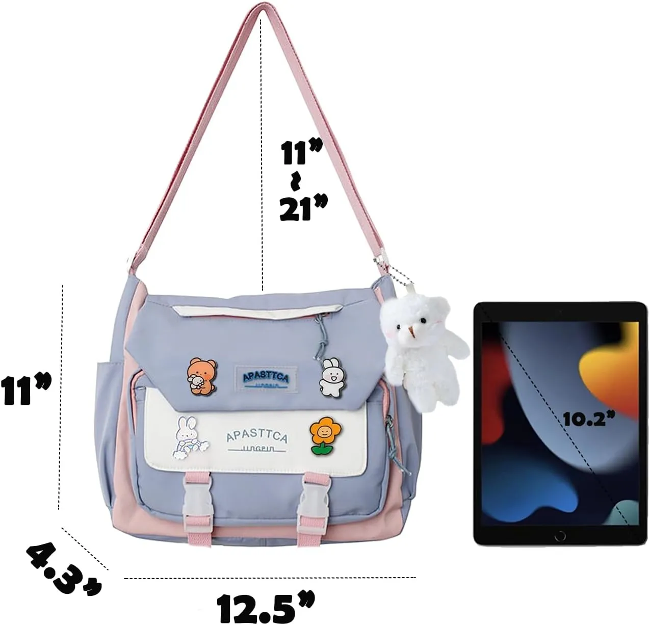 Cute Messenger Bag for Teen Girls Women, Kawaii Crossbody Shoulder Purse with Pins and Stuffed Pendant Gift