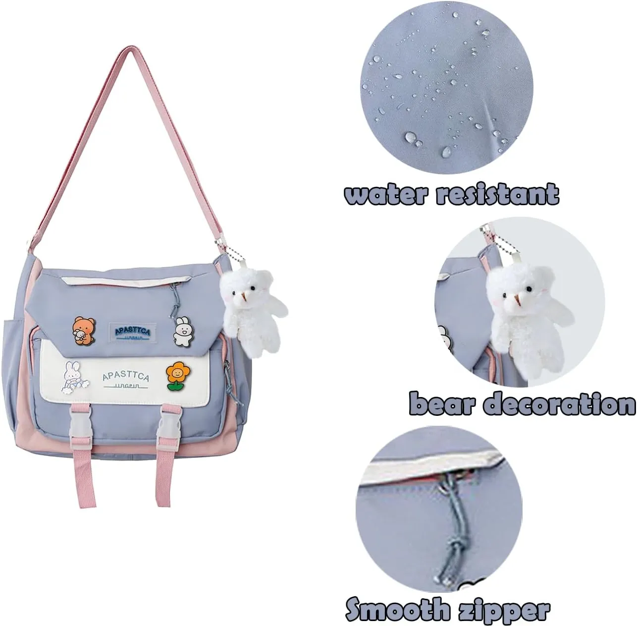 Cute Messenger Bag for Teen Girls Women, Kawaii Crossbody Shoulder Purse with Pins and Stuffed Pendant Gift