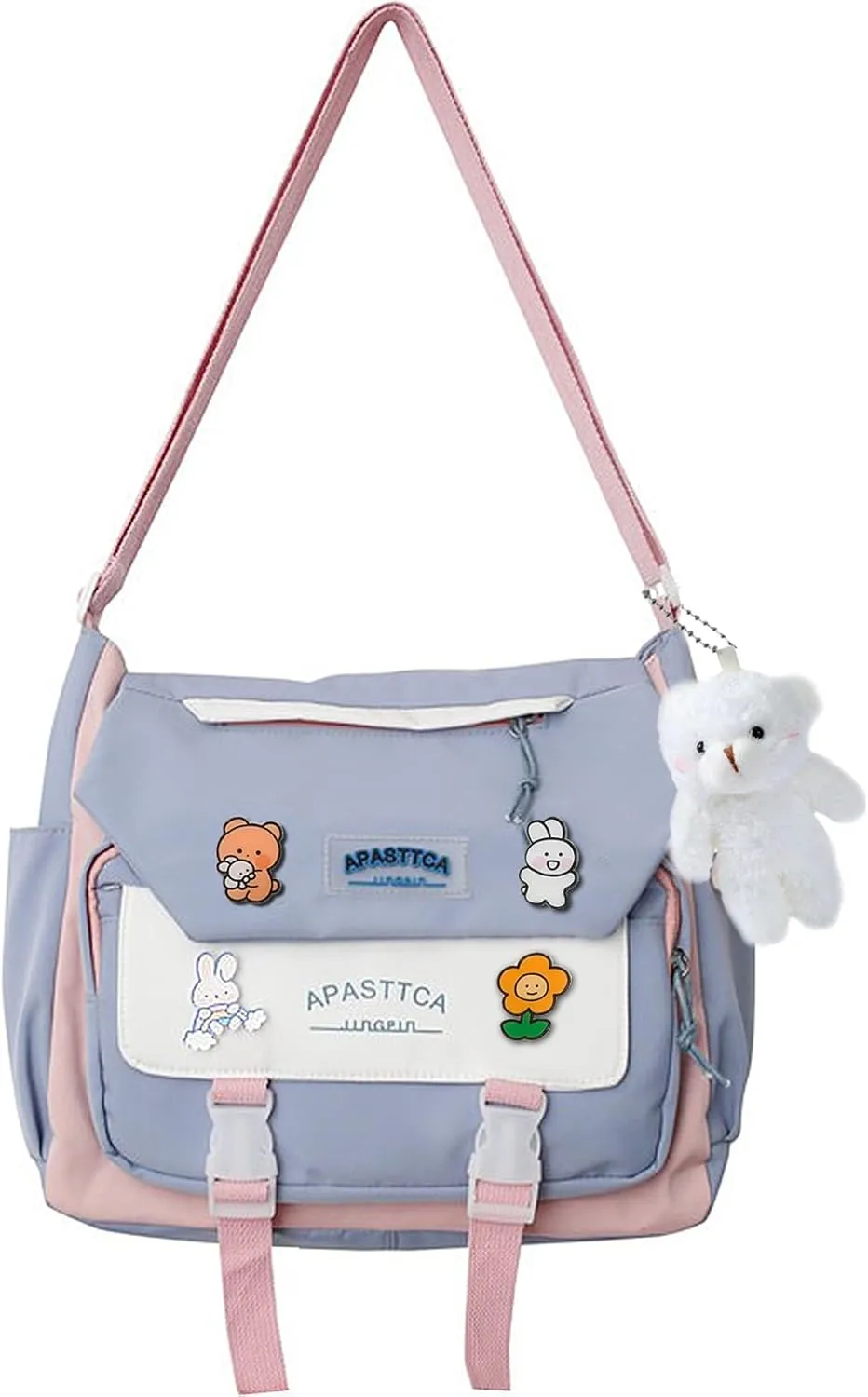 Cute Messenger Bag for Teen Girls Women, Kawaii Crossbody Shoulder Purse with Pins and Stuffed Pendant Gift
