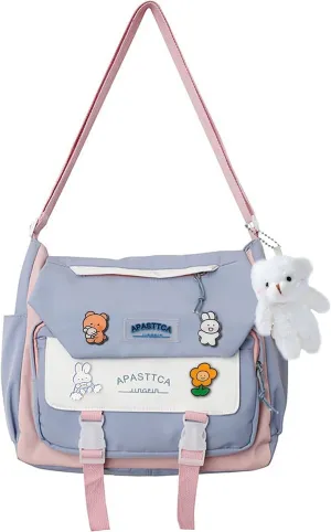 Cute Messenger Bag for Teen Girls Women, Kawaii Crossbody Shoulder Purse with Pins and Stuffed Pendant Gift