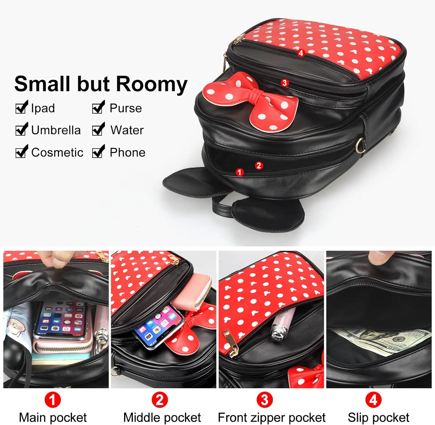Cute Red Backpack for Girl, Bowknot Polka Dot Mini Mouse Leather Backpack for Toddler, Little Girl Kids Small Travel Convertible Shoulder Bag Purse for Women Children Daypack