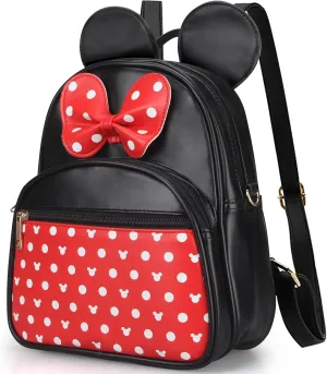 Cute Red Backpack for Girl, Bowknot Polka Dot Mini Mouse Leather Backpack for Toddler, Little Girl Kids Small Travel Convertible Shoulder Bag Purse for Women Children Daypack