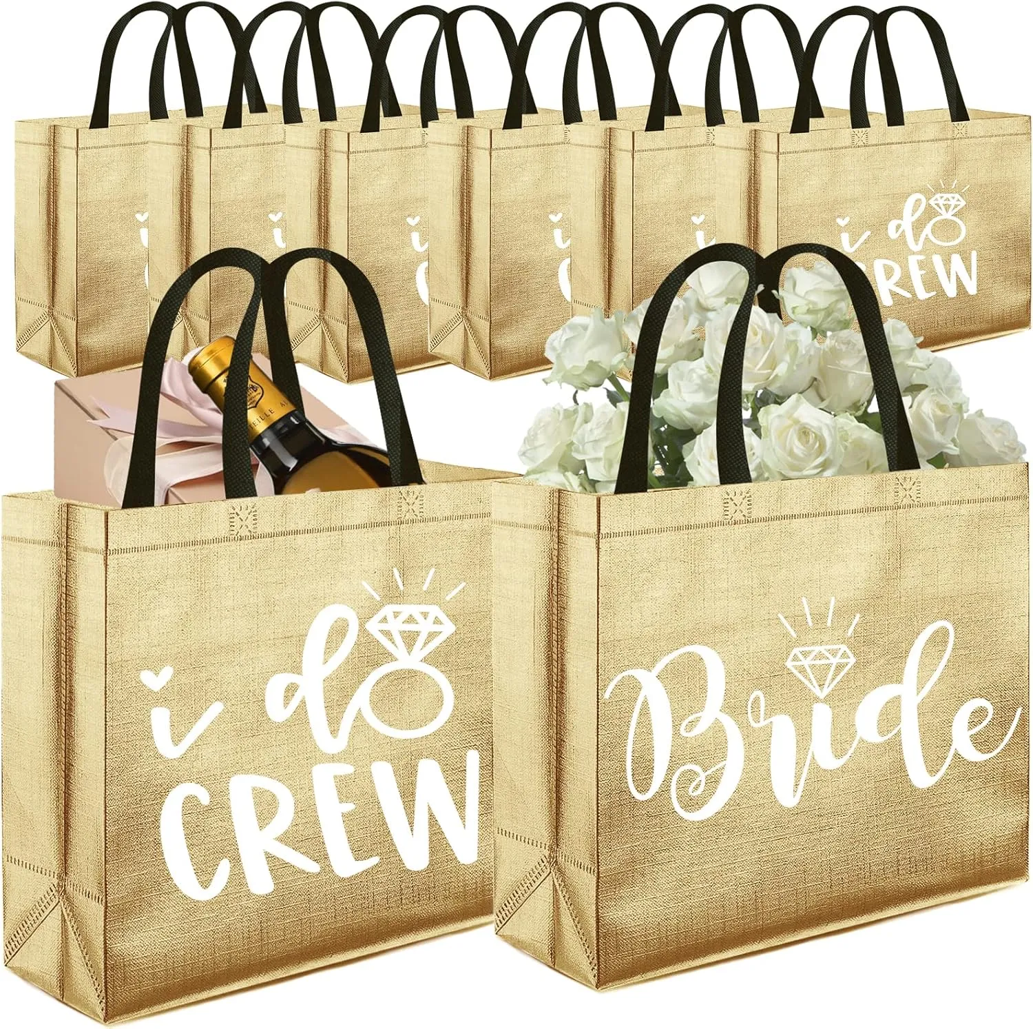 CUTERUI GIFTED 8 Pieces Champagne I Do Crew and Bride Non-Woven Gift Bags for Bridesmaid Gifts,Bridal Party Gifts,Bachelorette Party Favors