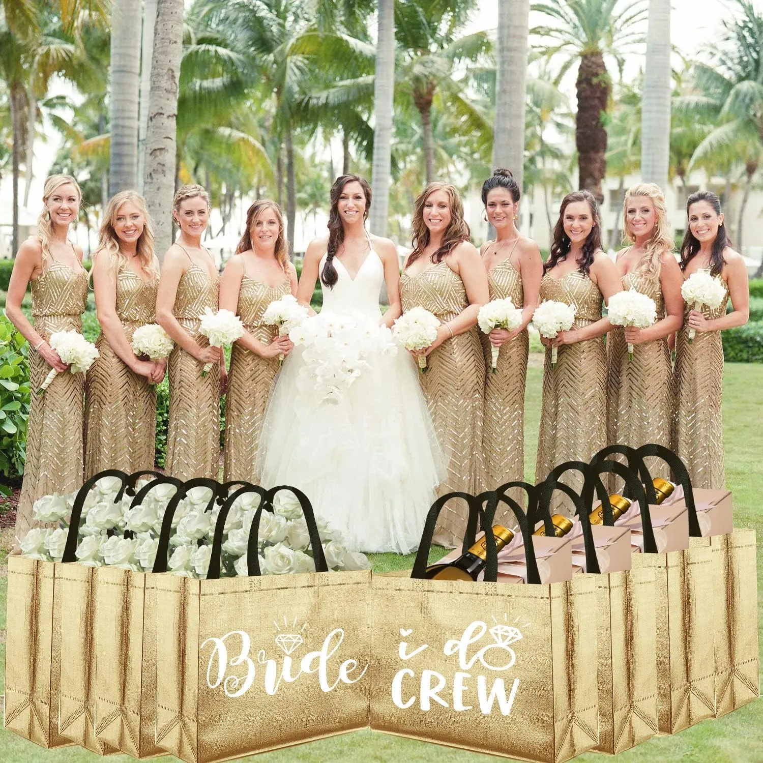 CUTERUI GIFTED 8 Pieces Champagne I Do Crew and Bride Non-Woven Gift Bags for Bridesmaid Gifts,Bridal Party Gifts,Bachelorette Party Favors