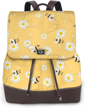 Daisy Bee Leather Backpack for Women, Flying Honeybee Laptop Backpack Purse Water Resistant Ladies Bookbag Travel Work Daypacks