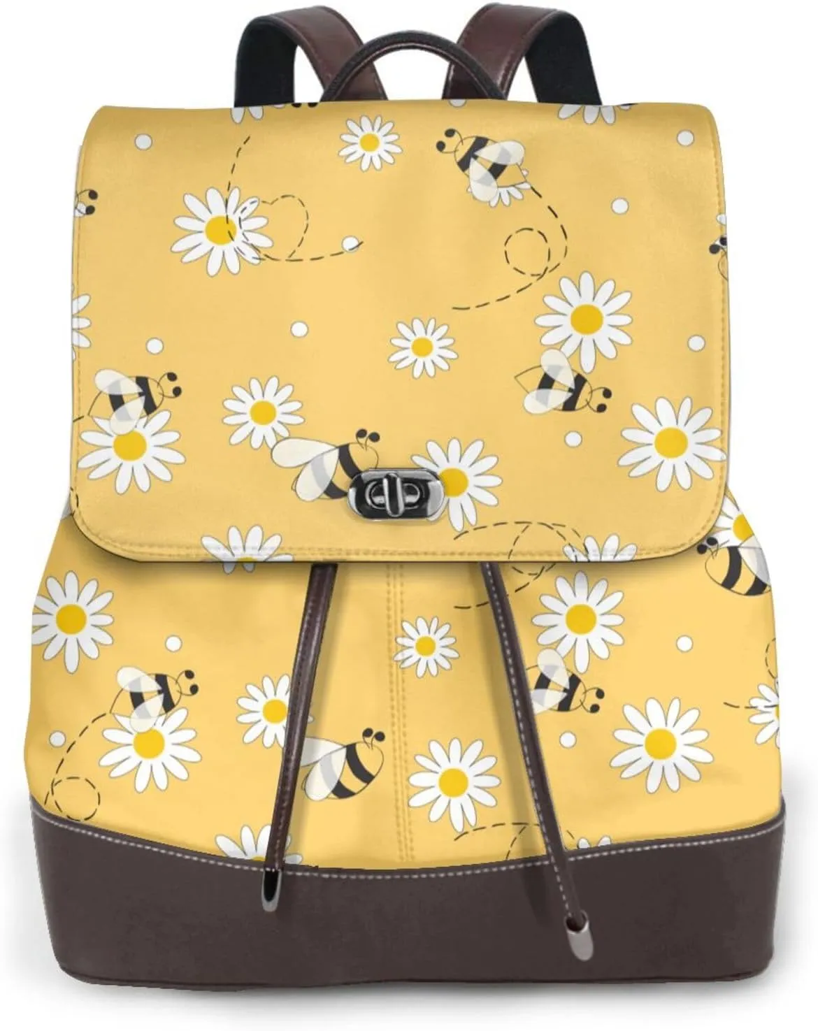 Daisy Bee Leather Backpack for Women, Flying Honeybee Laptop Backpack Purse Water Resistant Ladies Bookbag Travel Work Daypacks