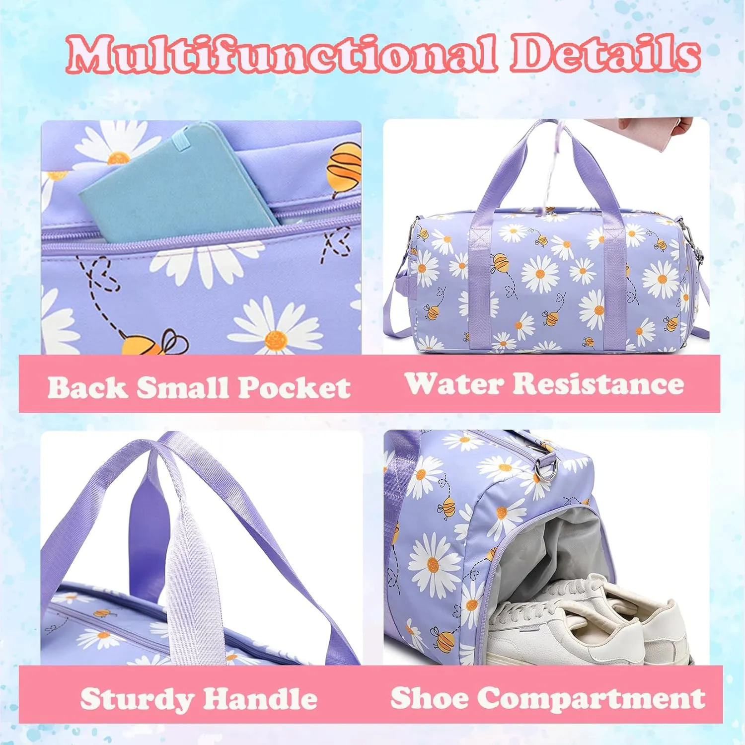 Dance Bag for Girls Gymnastics Bag Teens Gym Sports Ballet Bags Girls Overnight Sleepover Duffle Bags with Shoe Compartments and Wet Pocket,Daisy