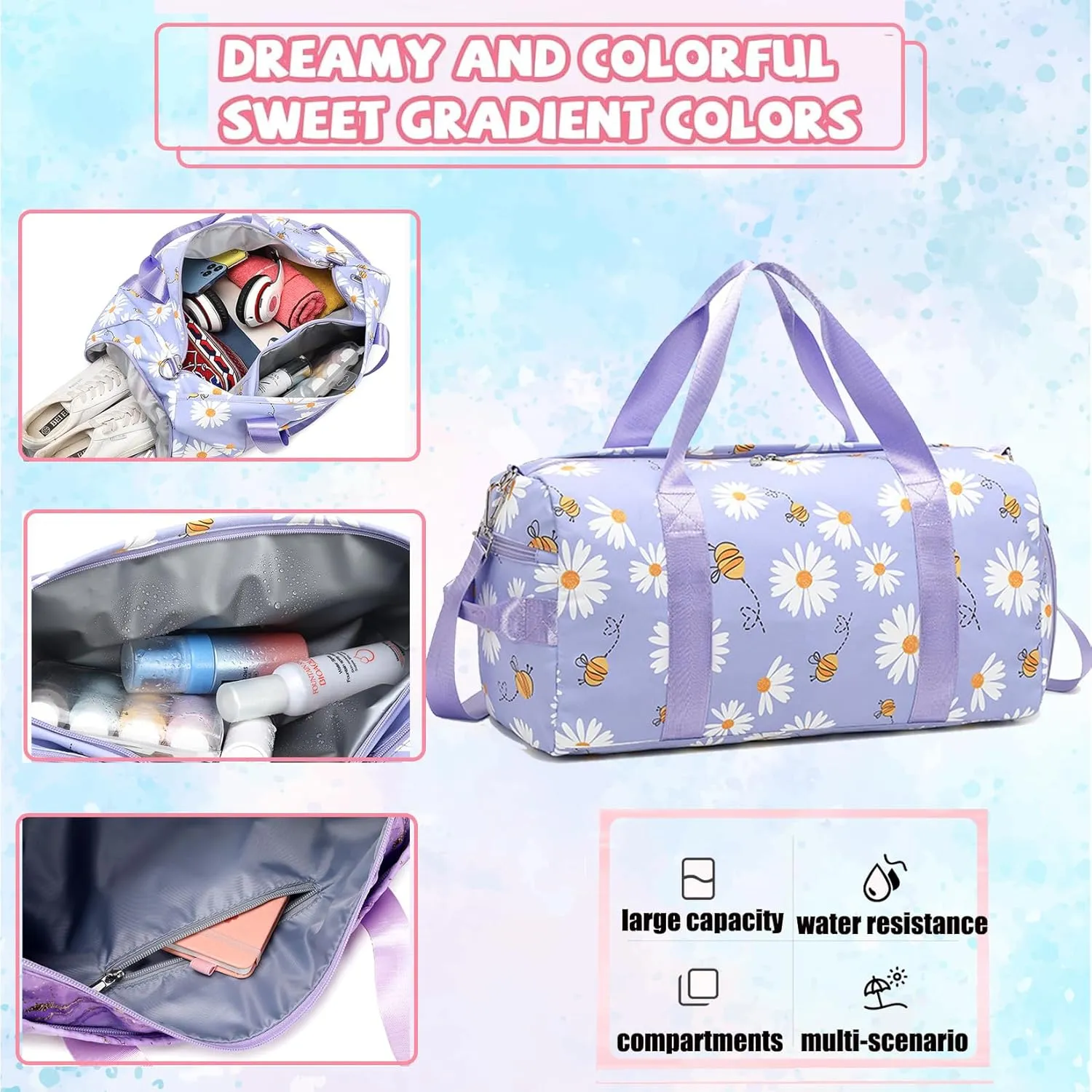 Dance Bag for Girls Gymnastics Bag Teens Gym Sports Ballet Bags Girls Overnight Sleepover Duffle Bags with Shoe Compartments and Wet Pocket,Daisy