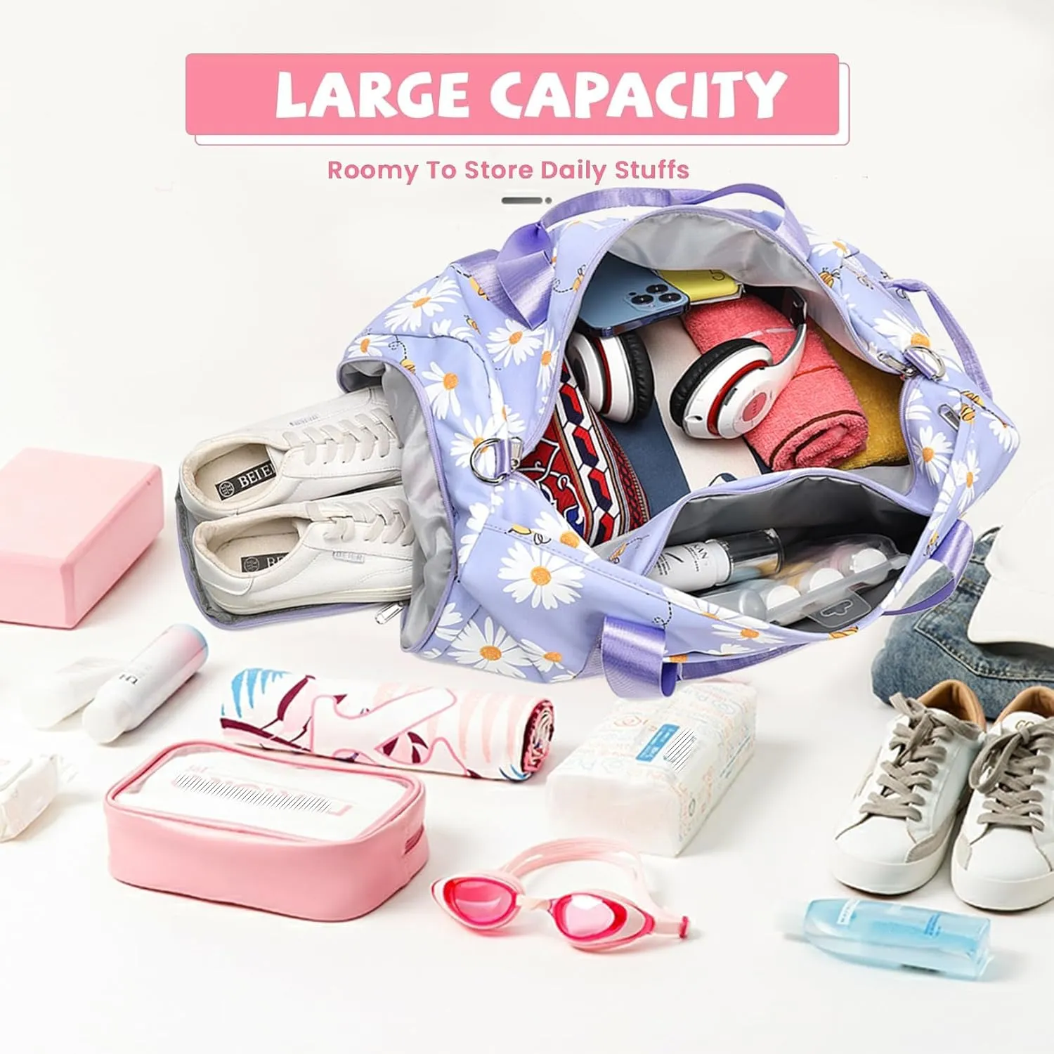 Dance Bag for Girls Gymnastics Bag Teens Gym Sports Ballet Bags Girls Overnight Sleepover Duffle Bags with Shoe Compartments and Wet Pocket,Daisy