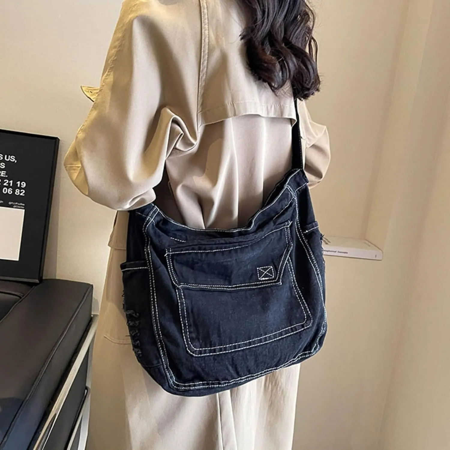 Denim Messenger Bag 2025, Denim Aesthetic Crossbody Shoulder Bags for Women Men, Retro Jean Tote Hobo Bag Handbag