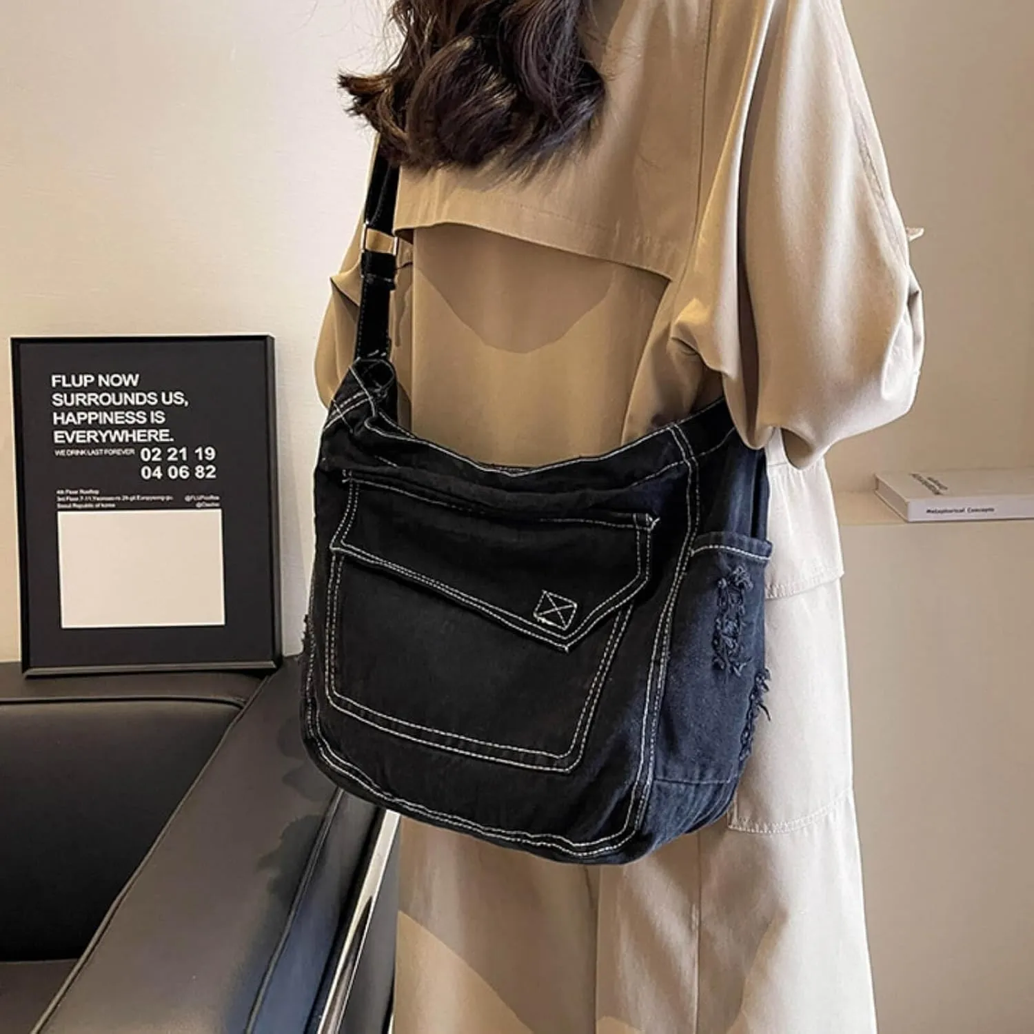 Denim Messenger Bag 2025, Denim Aesthetic Crossbody Shoulder Bags for Women Men, Retro Jean Tote Hobo Bag Handbag