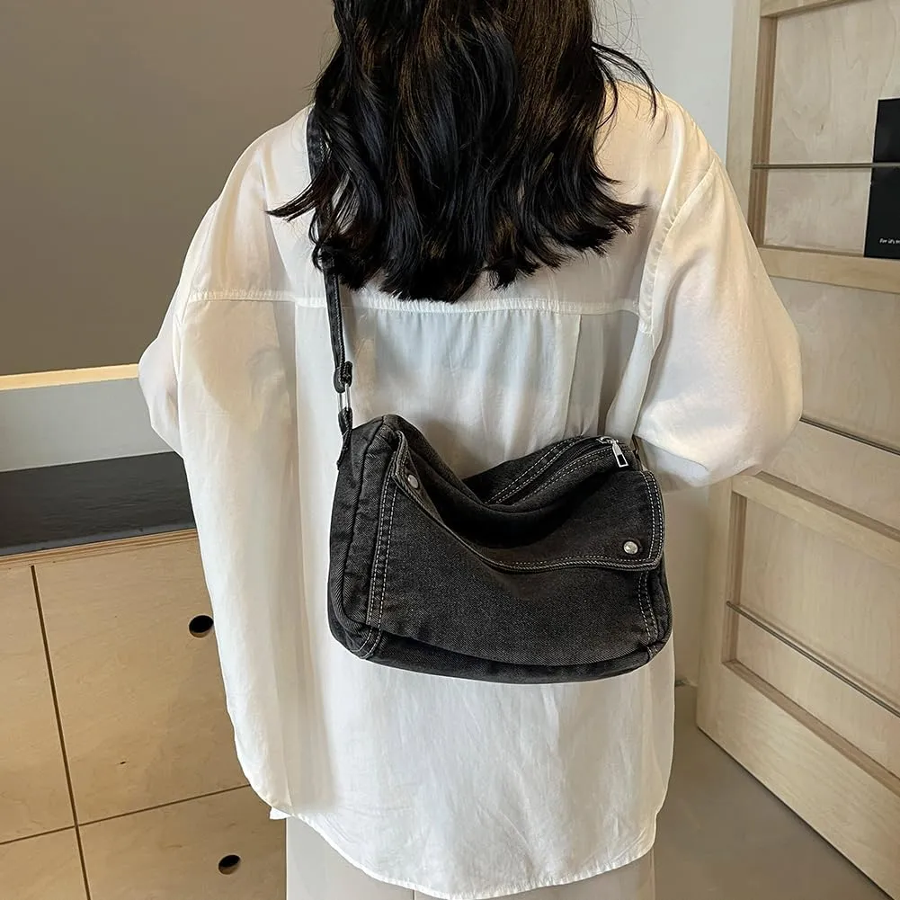 Denim Messenger Bag Casual Retro Women Aesthetic Crossbody Bag Handbag Lightweight Hobo Bag with Adjustable Strap
