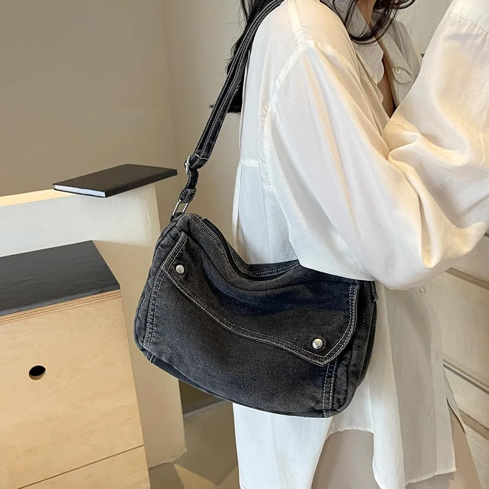 Denim Messenger Bag Casual Retro Women Aesthetic Crossbody Bag Handbag Lightweight Hobo Bag with Adjustable Strap