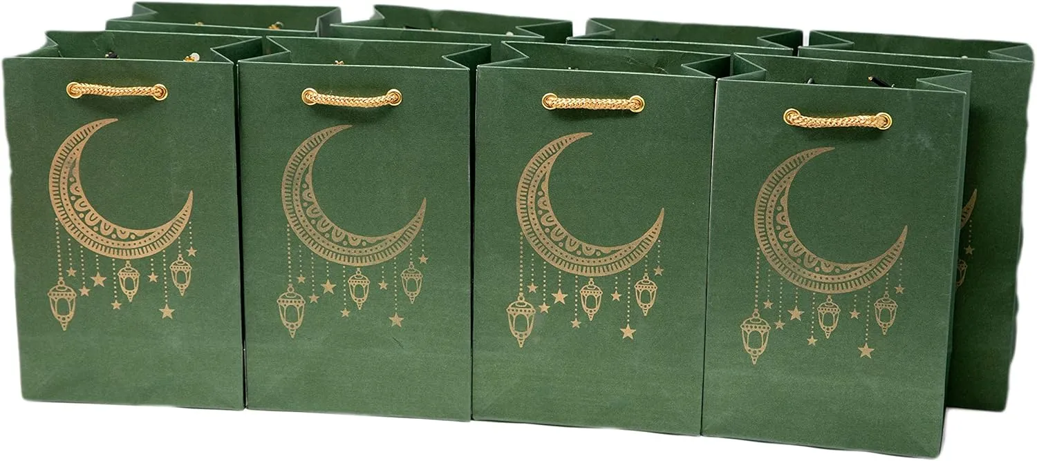 Desi Favors Small Gift Bags for Eid or Ramadaan or Any Religious Events, Paper Shopping Bags with Twill Handles, Craft Totes in Bulk, Small Business, Retails Stores - 8x3x5 Inch (Pack of 8)
