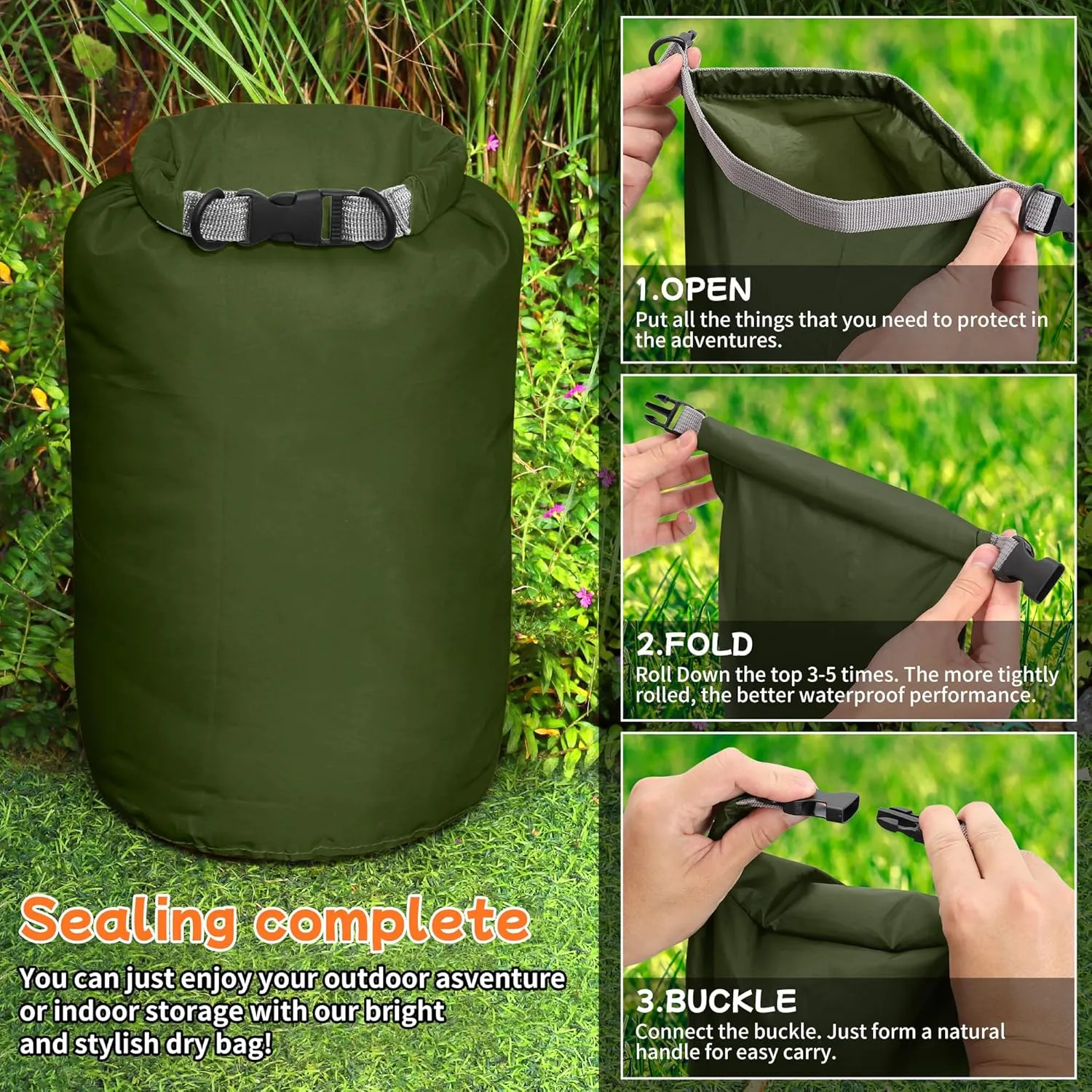 Desoto Waterproof Dry Bag 2 packs, 2L/5L/10L/20L/40L/70L Dry Sack Lightweight Portable, Dry Storage Bag to Keep Gear Dry Clean for Kayaking, Gym, Hiking, Swimming, Camping (Army Green, 70L)