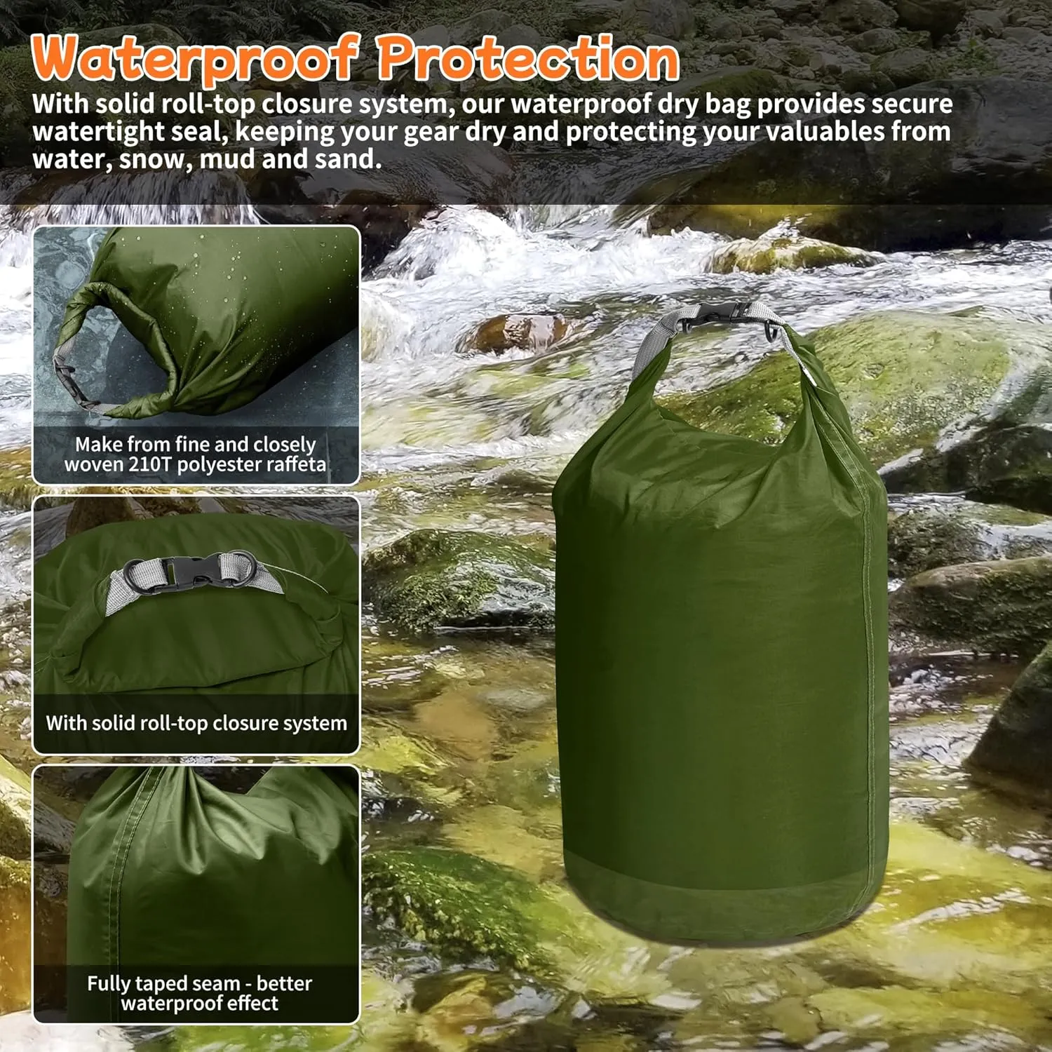 Desoto Waterproof Dry Bag 2 packs, 2L/5L/10L/20L/40L/70L Dry Sack Lightweight Portable, Dry Storage Bag to Keep Gear Dry Clean for Kayaking, Gym, Hiking, Swimming, Camping (Army Green, 70L)