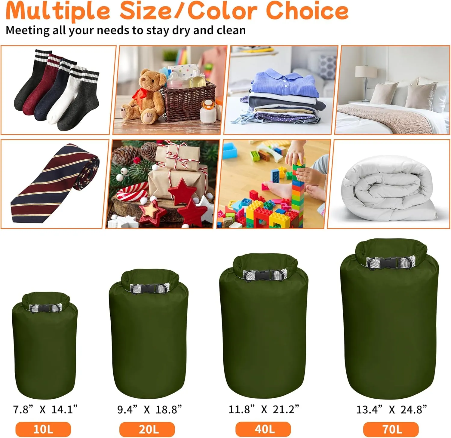 Desoto Waterproof Dry Bag 2 packs, 2L/5L/10L/20L/40L/70L Dry Sack Lightweight Portable, Dry Storage Bag to Keep Gear Dry Clean for Kayaking, Gym, Hiking, Swimming, Camping (Army Green, 70L)