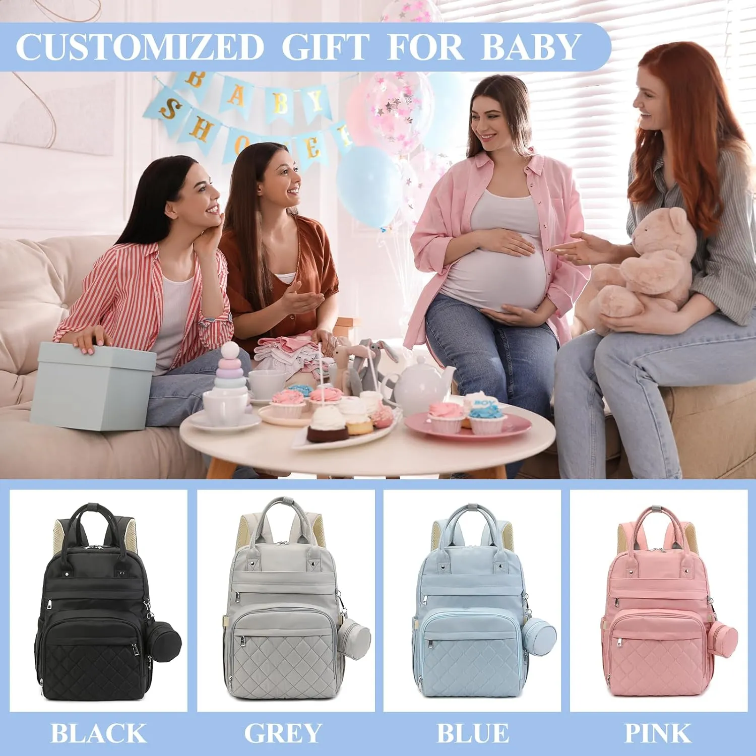 Diaper Bag Backpack, Baby Bag for Mom Dad, 4-in-1 Multi-pocket Large Capacity Waterproof Diaper Backpack with Changing Pad & Stroller Straps & Pacifier Case