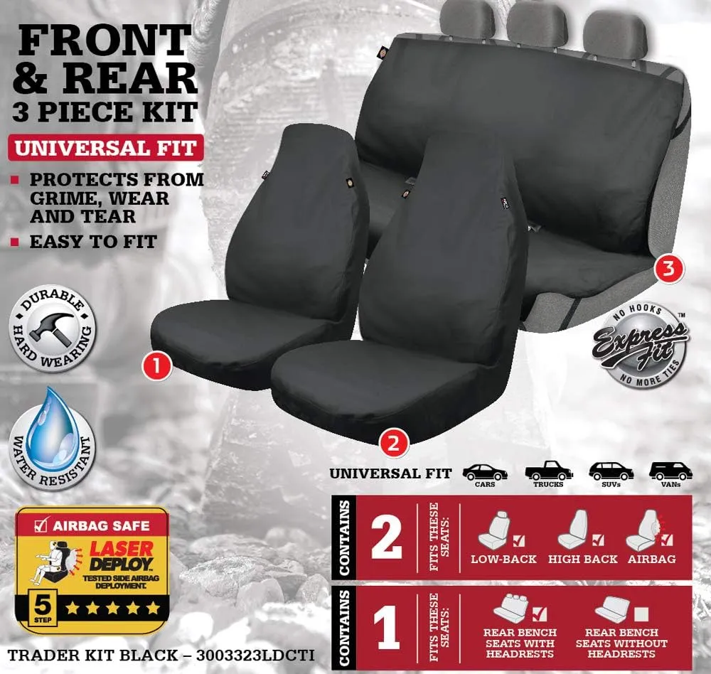 DICKIES 3003323LD, Trader Black 3-Piece Water Resistant Seat Cover Set