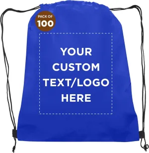 DISCOUNT PROMOS Custom Non-Woven Drawstring Backpacks Set of 100, Personalized Bulk Pack - Bring Everywhere You Go, Great for Travelling, Gym and for Everyday Use - Blue