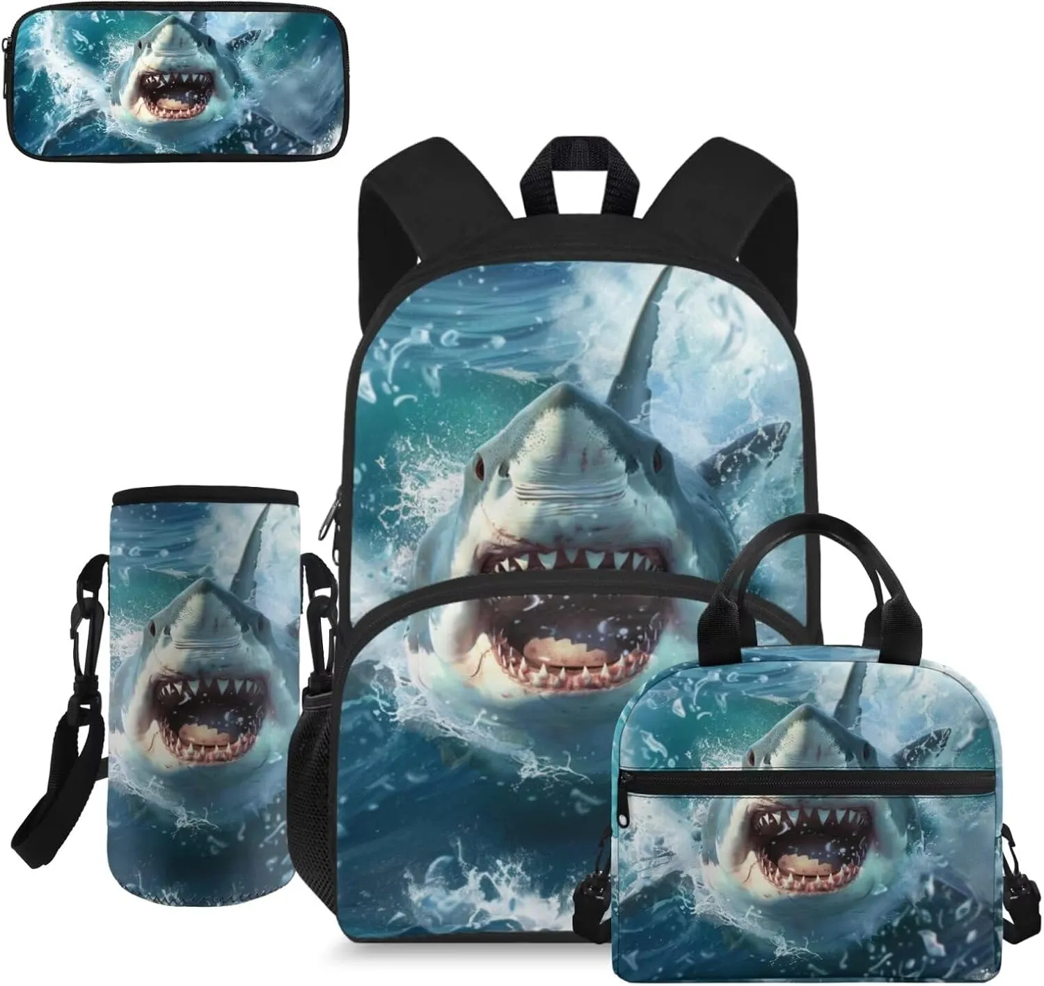 doginthehole 3D Shark Backpack for Boys Cool Bookbag and Lunch Box Set for Boys 4-in-1 Lightweight Boys School Bags 9-10 Years for Preschool Elementary School Kids Casual Travel Book Bags