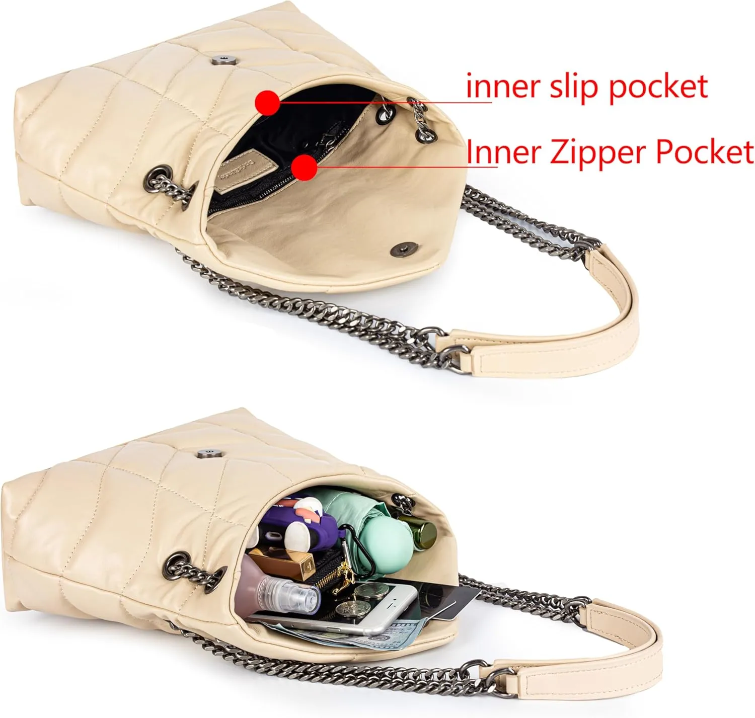 DORIS&JACKY Designer Leather Shoulder Purse For Women Lambskin Quilted Tote Bag With Convertible Chain Strap