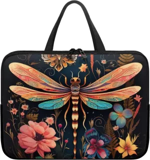 Dragonfly Floral Laptop Sleeve, 17 Inch Protective Tablet Case with Handle, Water Resistant Zipper Computer Bag Carrying Case Portable Notebook Cover Messenger Briefcase