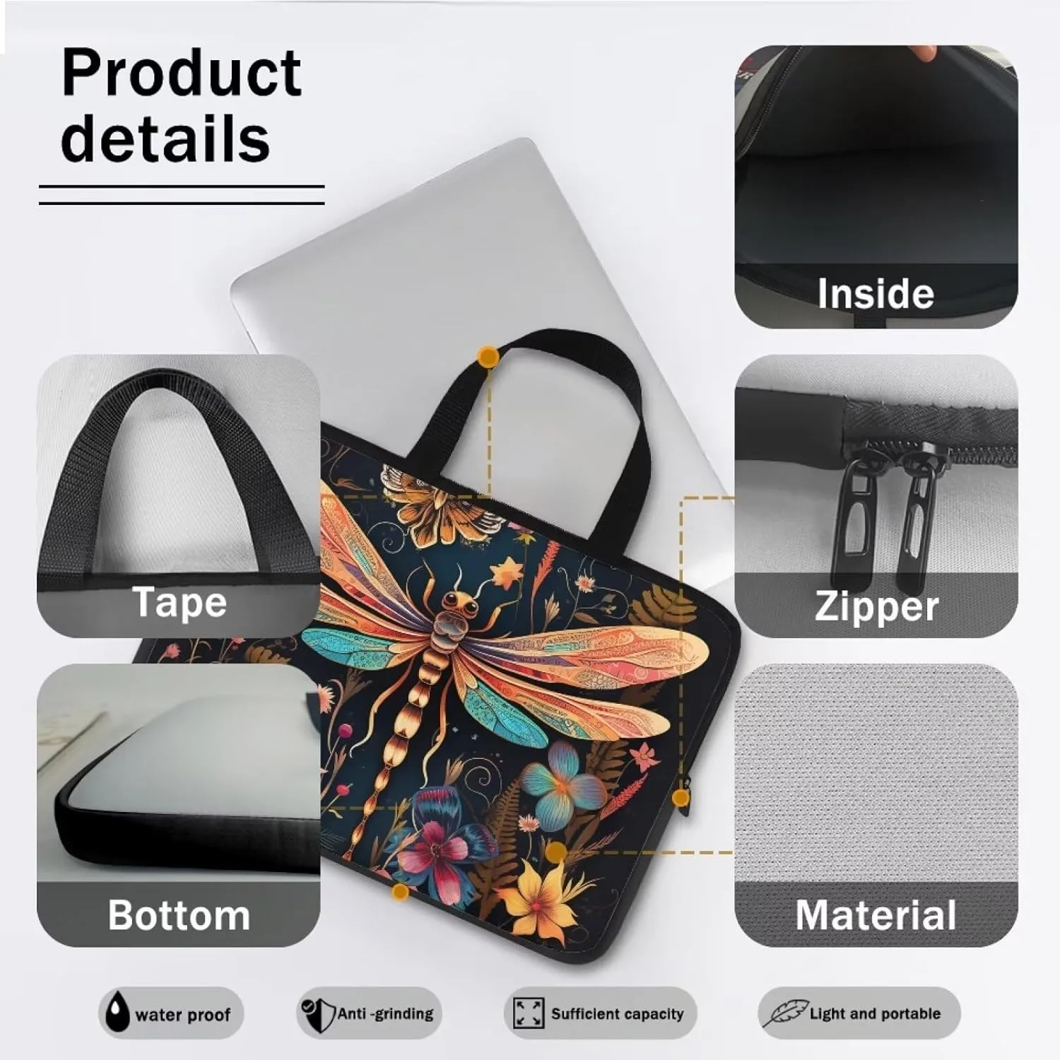 Dragonfly Floral Laptop Sleeve, 17 Inch Protective Tablet Case with Handle, Water Resistant Zipper Computer Bag Carrying Case Portable Notebook Cover Messenger Briefcase