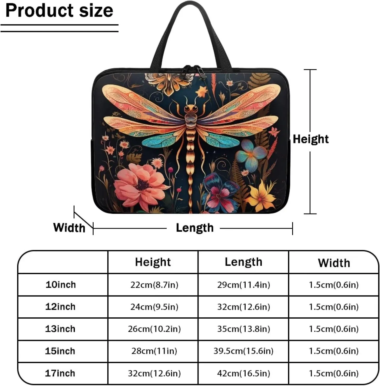 Dragonfly Floral Laptop Sleeve, 17 Inch Protective Tablet Case with Handle, Water Resistant Zipper Computer Bag Carrying Case Portable Notebook Cover Messenger Briefcase