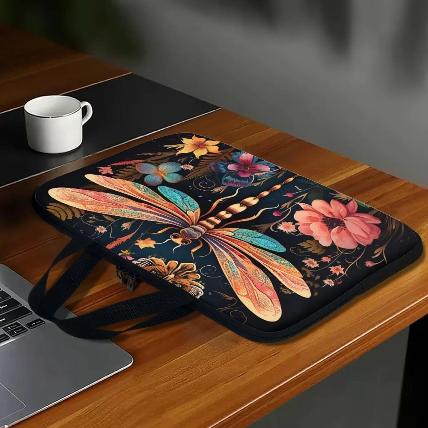 Dragonfly Floral Laptop Sleeve, 17 Inch Protective Tablet Case with Handle, Water Resistant Zipper Computer Bag Carrying Case Portable Notebook Cover Messenger Briefcase