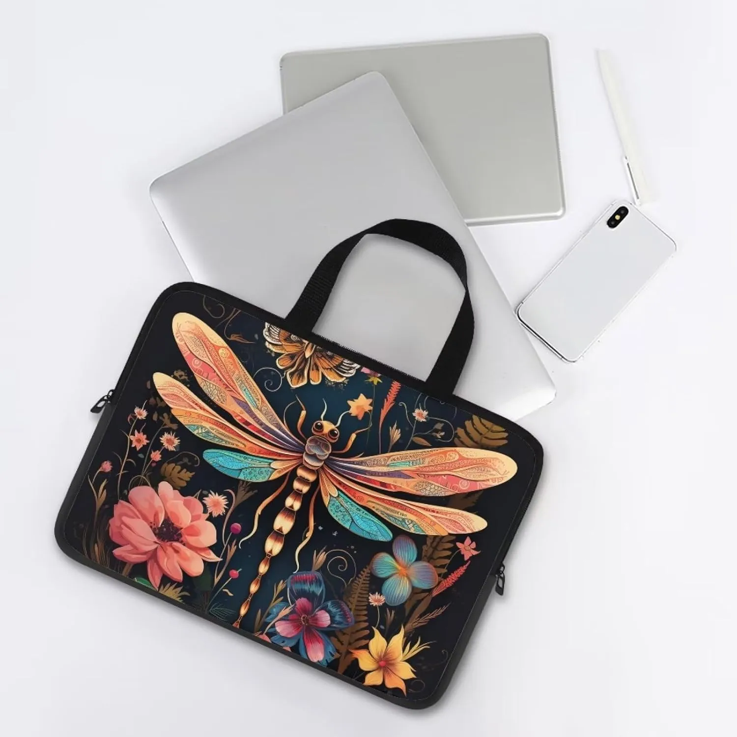 Dragonfly Floral Laptop Sleeve, 17 Inch Protective Tablet Case with Handle, Water Resistant Zipper Computer Bag Carrying Case Portable Notebook Cover Messenger Briefcase