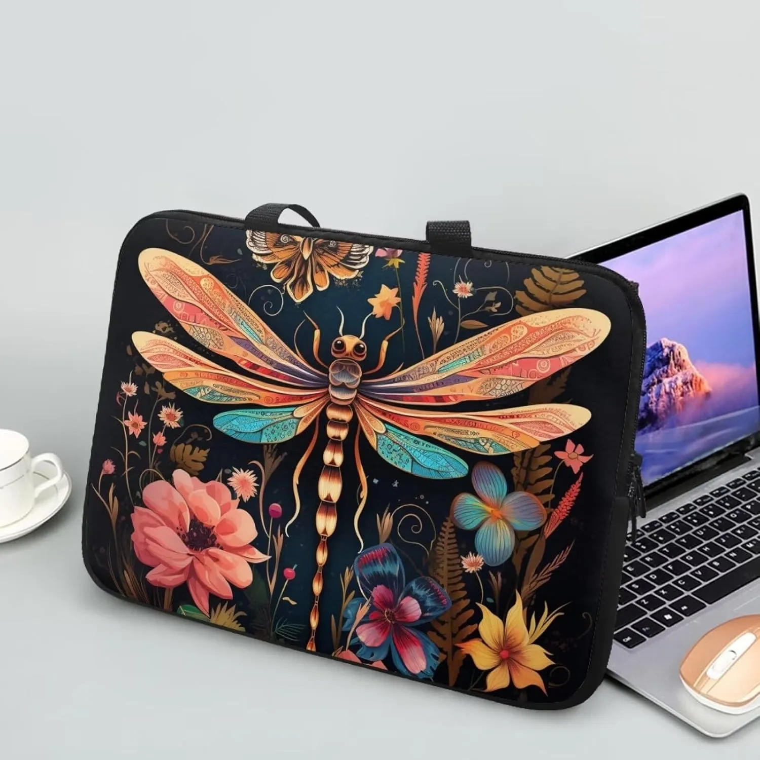 Dragonfly Floral Laptop Sleeve, 17 Inch Protective Tablet Case with Handle, Water Resistant Zipper Computer Bag Carrying Case Portable Notebook Cover Messenger Briefcase