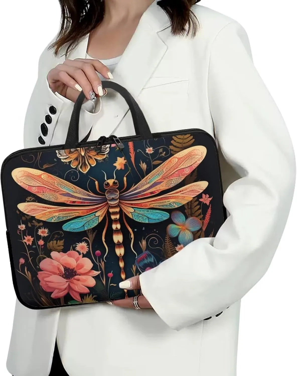 Dragonfly Floral Laptop Sleeve, 17 Inch Protective Tablet Case with Handle, Water Resistant Zipper Computer Bag Carrying Case Portable Notebook Cover Messenger Briefcase
