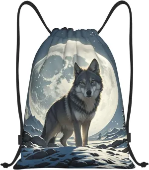 Drawstring Backpack Foldable String Bag wolf under moon Resistant Sackpack Sports Gym Bag for Shopping Yoga