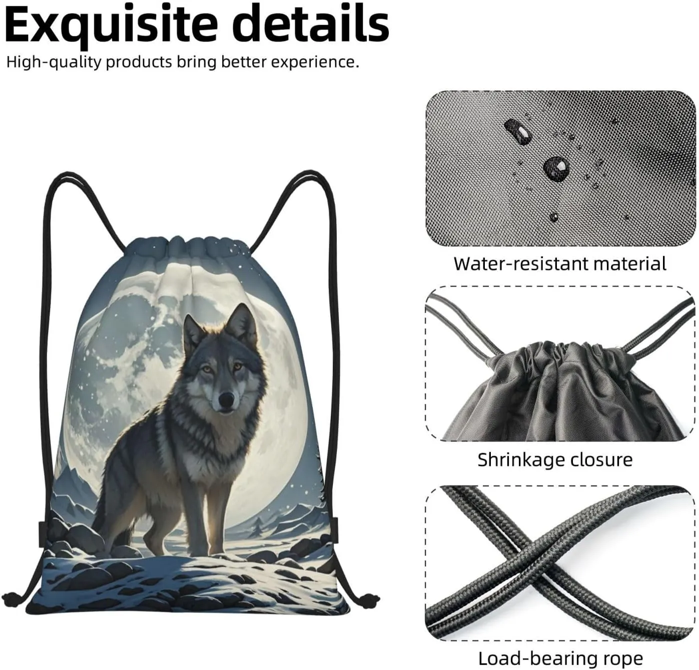 Drawstring Backpack Foldable String Bag wolf under moon Resistant Sackpack Sports Gym Bag for Shopping Yoga