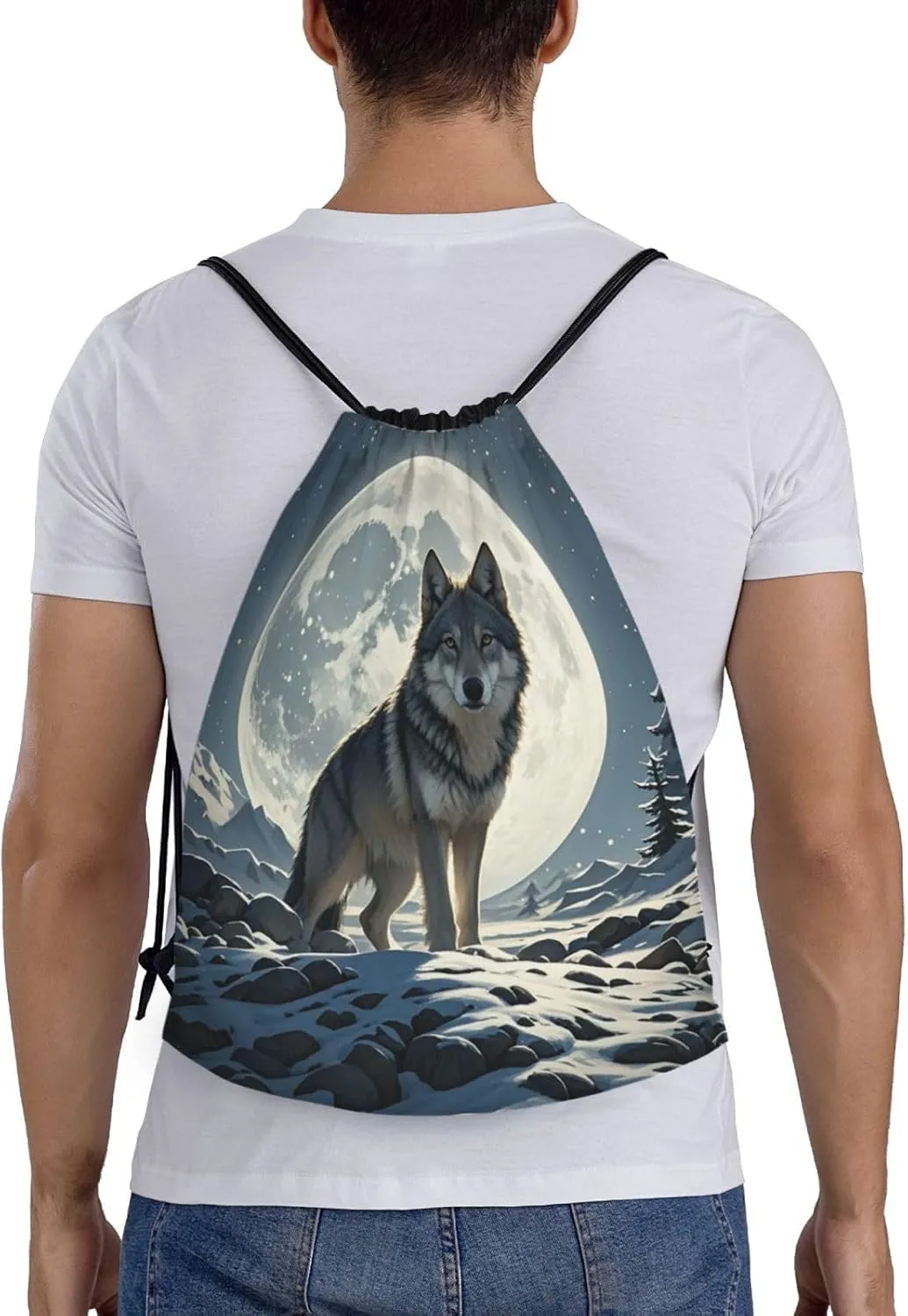 Drawstring Backpack Foldable String Bag wolf under moon Resistant Sackpack Sports Gym Bag for Shopping Yoga