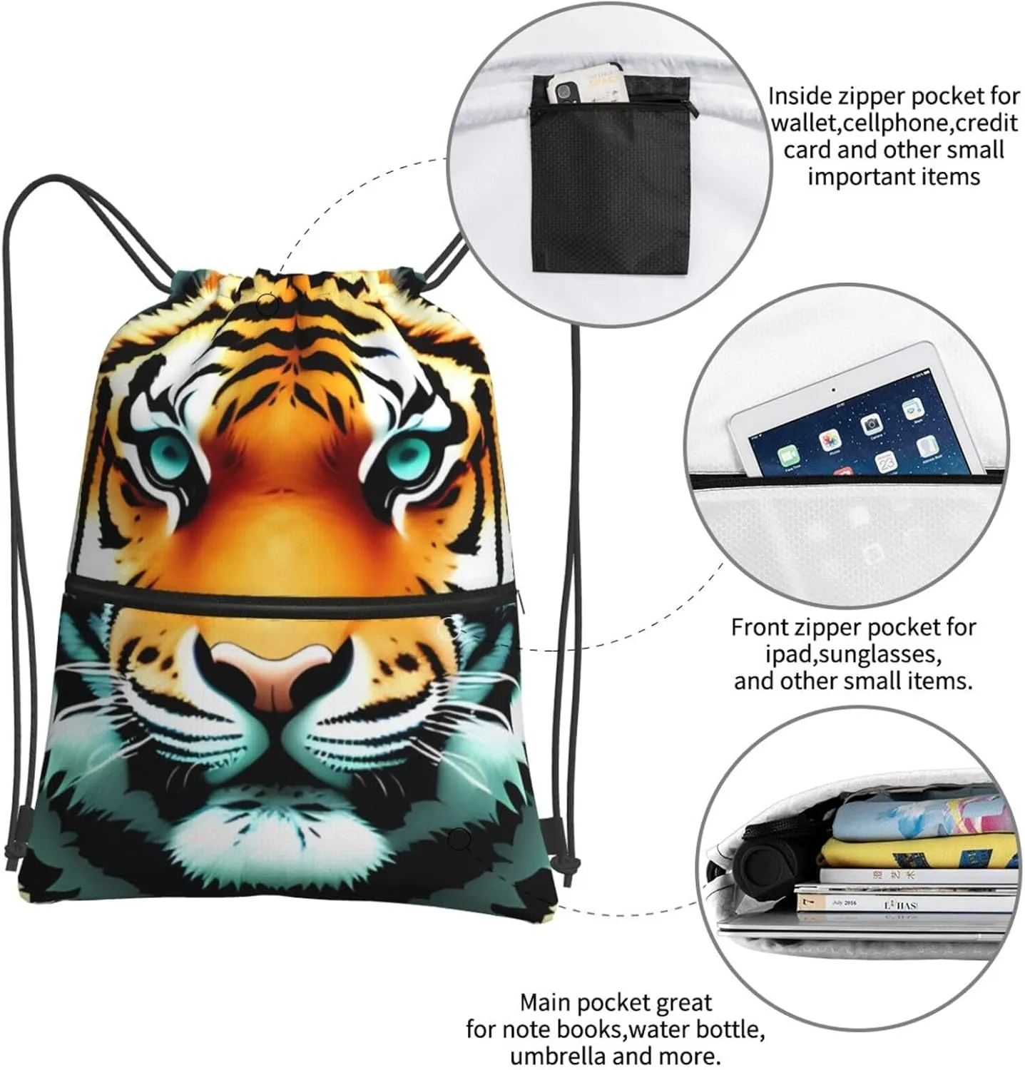 Drawstring Backpack Sports Gym Bags Little fat tiger head Drawstring Bags for Men Women Beach Bag String Bag