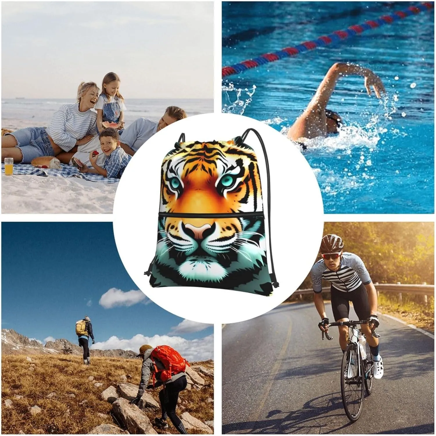 Drawstring Backpack Sports Gym Bags Little fat tiger head Drawstring Bags for Men Women Beach Bag String Bag