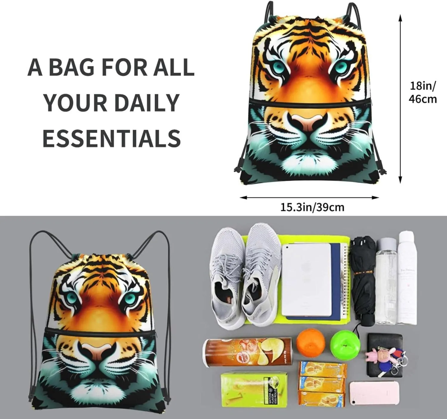 Drawstring Backpack Sports Gym Bags Little fat tiger head Drawstring Bags for Men Women Beach Bag String Bag