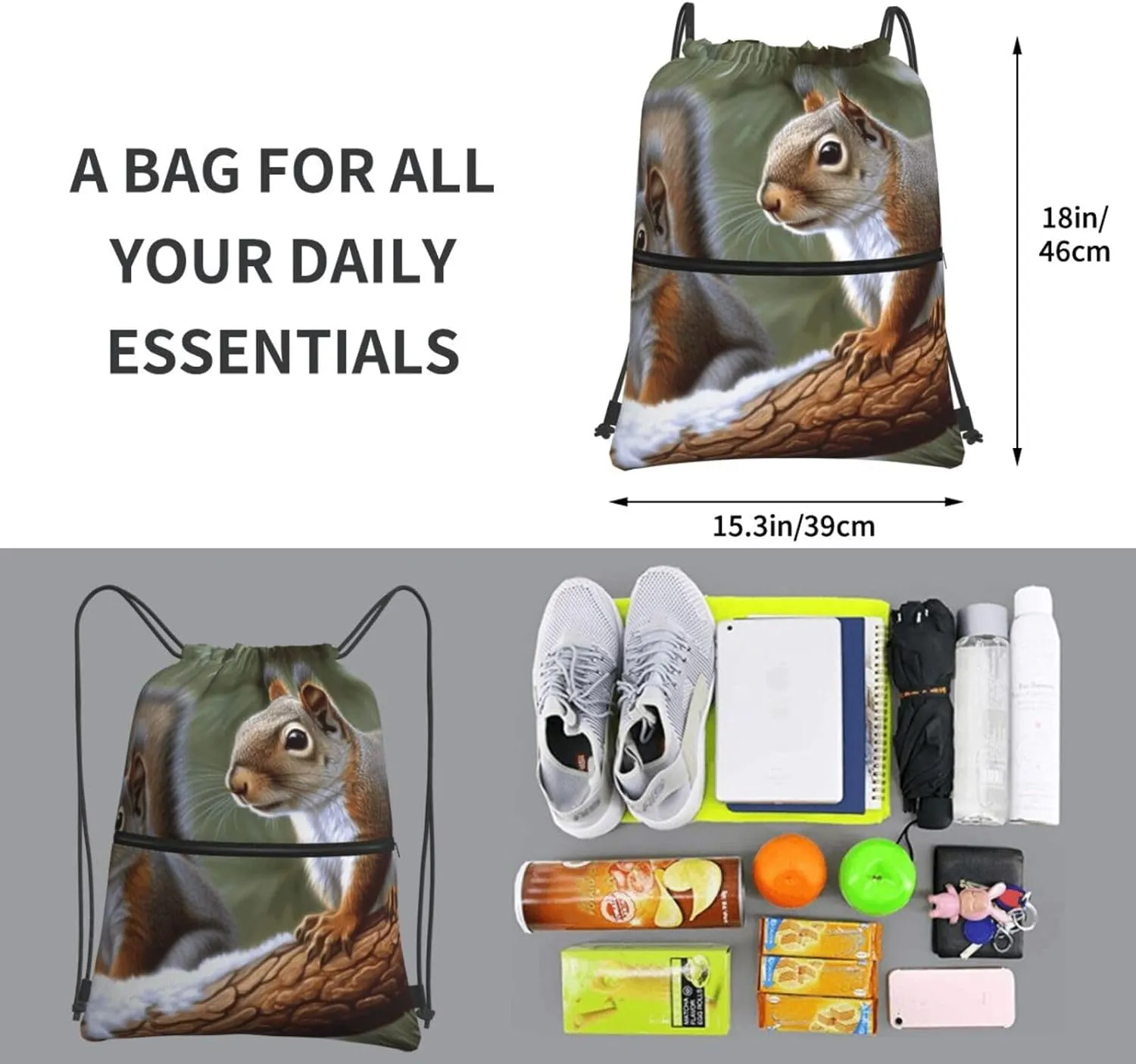 Drawstring Backpack Sports Gym Bags Little Squirrel Drawstring Bags for Men Women Beach Bag String Bag