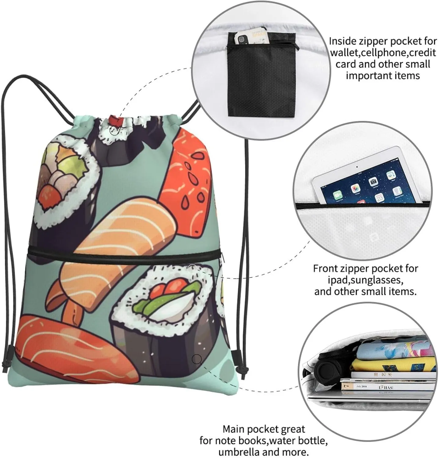 Drawstring Backpack Sports Gym Bags Sushi Drawstring Bags for Men Women Beach Bag String Bag