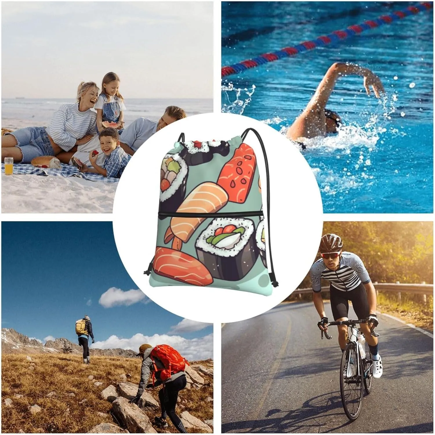 Drawstring Backpack Sports Gym Bags Sushi Drawstring Bags for Men Women Beach Bag String Bag