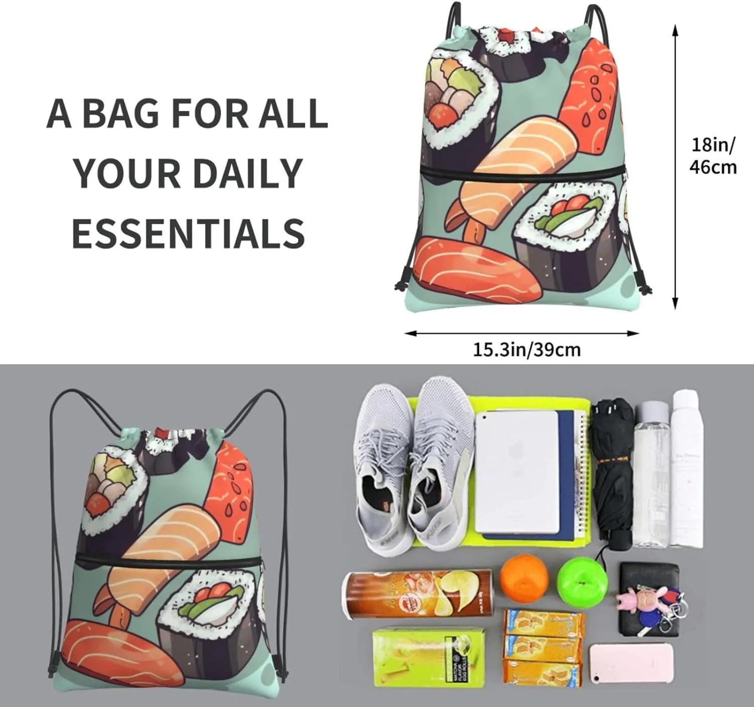Drawstring Backpack Sports Gym Bags Sushi Drawstring Bags for Men Women Beach Bag String Bag