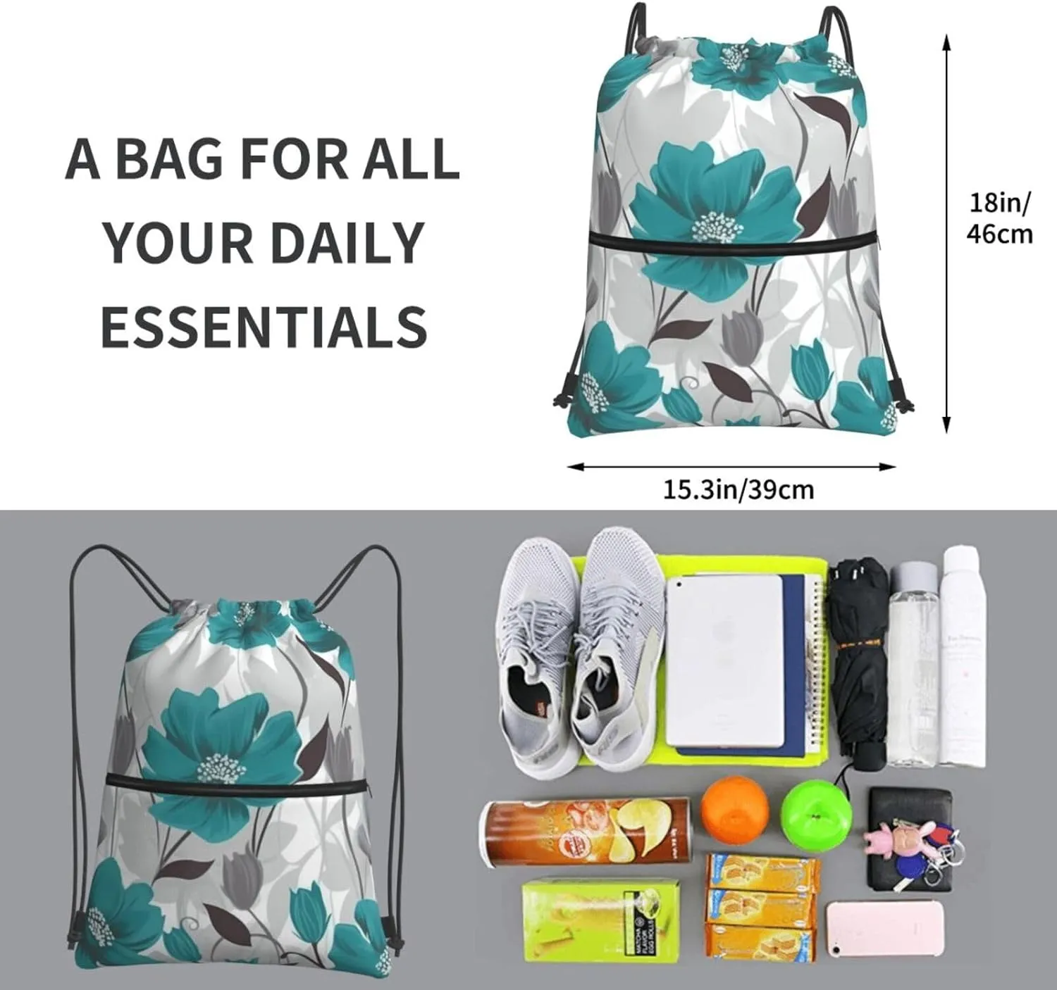 Drawstring Backpack Sports Gym Bags Teal Grey and White Floral Drawstring Bags for Men Women Beach Bag String Bag